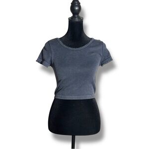 Charcoal Women's Short Sleeve Distressed Crewneck Ribbed Crop Top